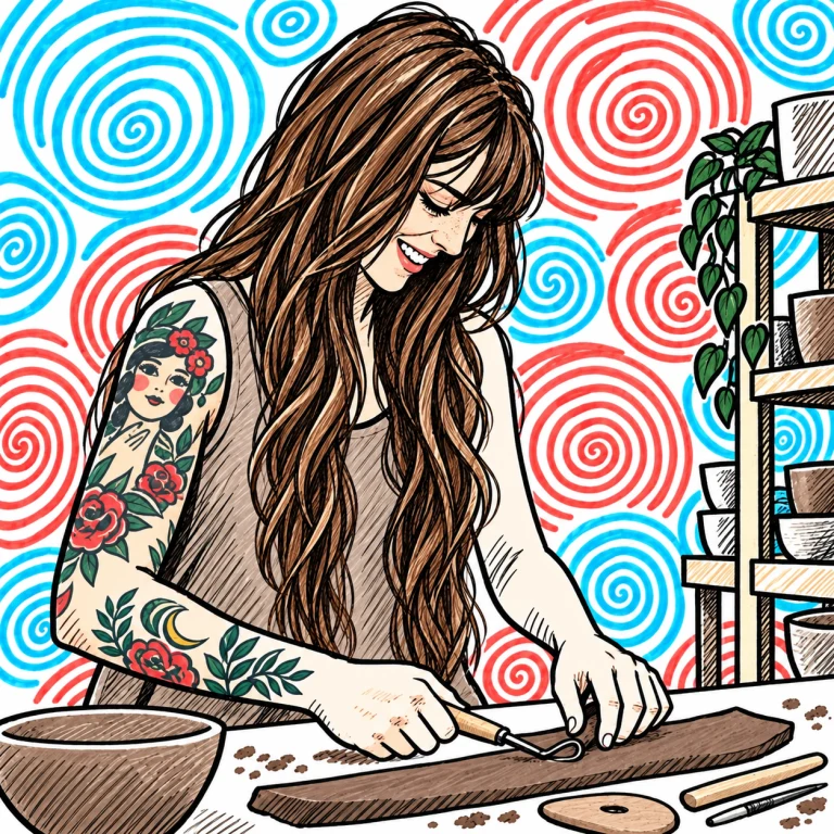 Illustrated interpretation of Ashley with long loose hair, working clay at her pottery bench
