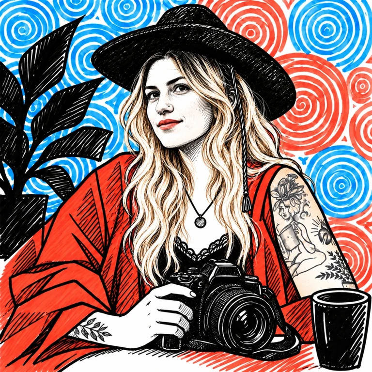 Illustrated interpretation of Cass in a wide-brim hat with a camera