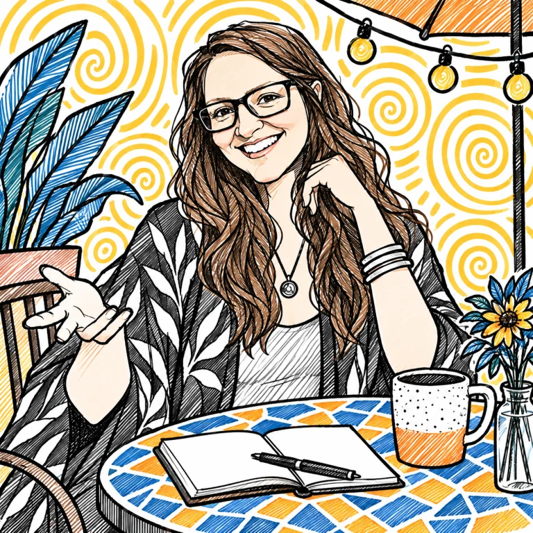 Illustrated interpretation of Nicole welcoming conversation on a patio